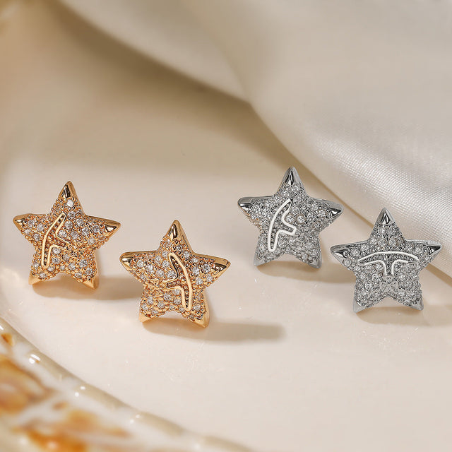 Minimalist Five-Pointed Star Copper Earrings with 18K Gold Plating and Zircon Inlay for Women