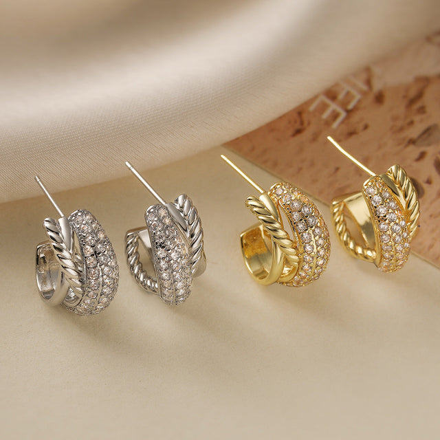 Geometric C-Shaped Copper Stud Earrings with 18K Gold Plating and Micro-Paved Zirconia for Women