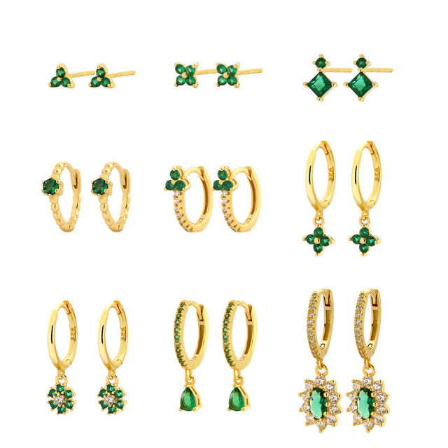 Elegant Light Luxury Clover-Shaped S925 Sterling Silver Stud Earrings with Emerald Green Enamel and Rhinestone Accents for Women