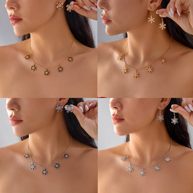 Christmas Snowflake Pendant Necklace Set with Rhinestone Inlay in Alloy with Plating Finish for Unisex Wear