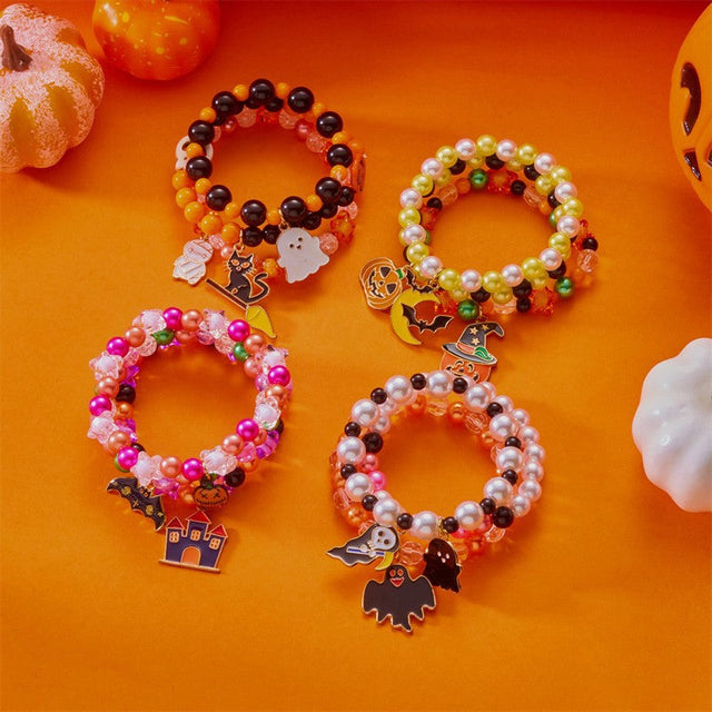 Casual Geometric Ghost and Pumpkin Beaded Stretch Bracelet for Women with Plastic Pendant