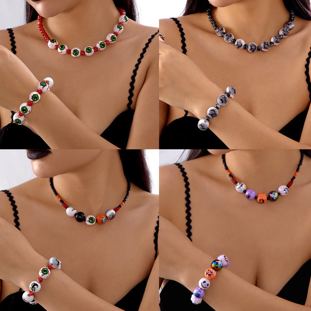 Bohemian Halloween Pumpkin Bat Ghost Pendant Bracelet for Women with Wooden Beads and Handmade Craft