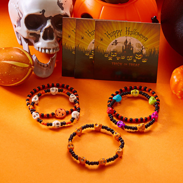 Casual Geometric Resin Beaded Stretch Bracelet Set with Skull Charms for Women
