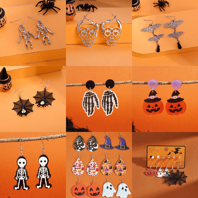 Cartoon-Style Halloween Earrings Set with Pumpkin Motif Alloy Studs and Stainless Steel Posts for Women