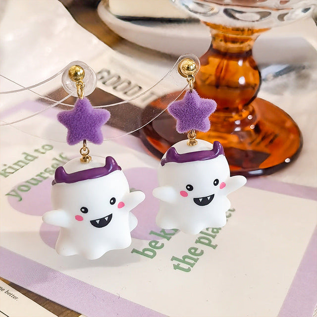 Cute Ghost-Shaped Resin Earrings for Women with Cartoon Character Design in Sweet Aesthetic Style