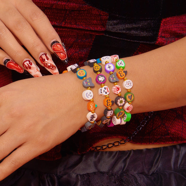 Cute and Playful Halloween-Themed Polymer Clay Bracelet with Pumpkin Ghost and Cat Charms Geometric Shape