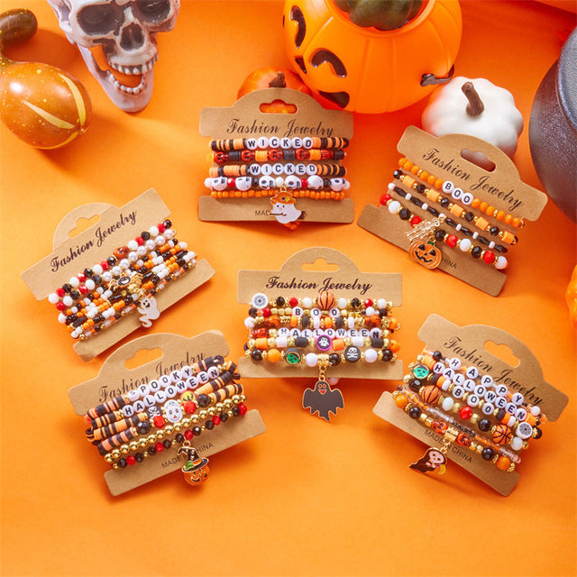 Cartoon Style Ghost Pumpkin Skull Beaded Bracelet for Women with Alloy Pendant and Halloween Party Theme