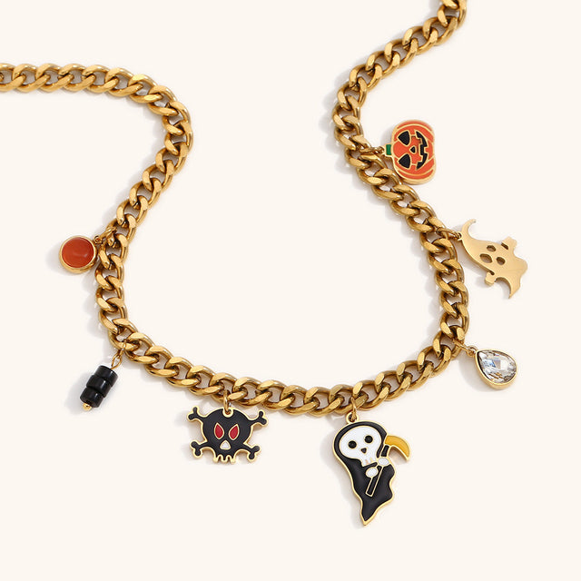 Cute Halloween Ghost and Grim Reaper Skeleton Pendant Necklace in Stainless Steel with 18K Gold Plating for Women