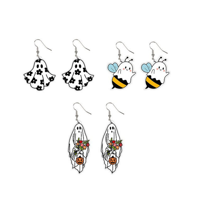 Cute Halloween Acrylic Earrings with Ghost, Pumpkin, Bee, and Floral Motifs in Heart Shape for Women