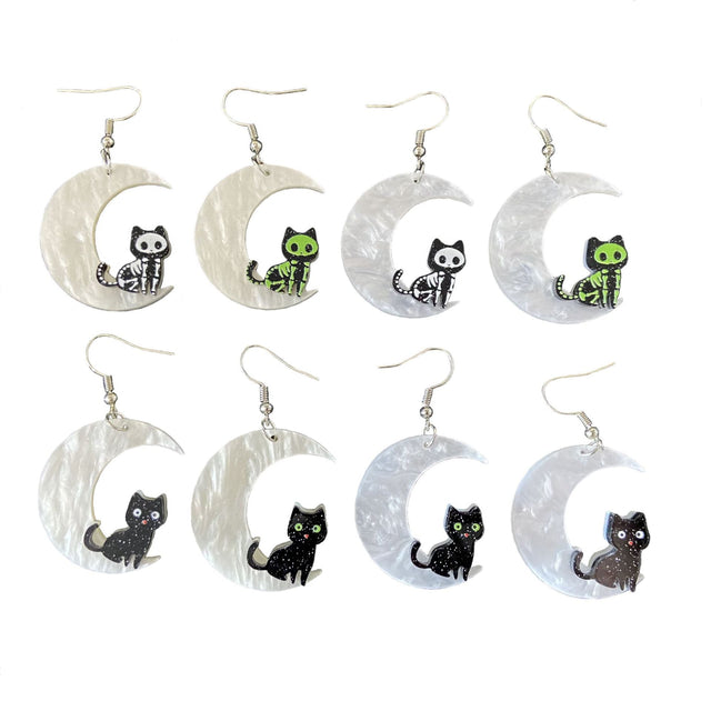 Cute Halloween Moon Cat Acrylic Earrings with Printed Design for Women