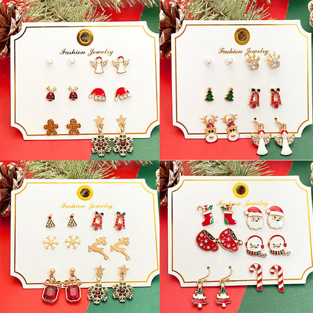 Christmas Elk and Santa Snowflake Earrings Set for Women Alloy Geometric Studs with Rhinestone Inlay Festive Holiday Jewelry