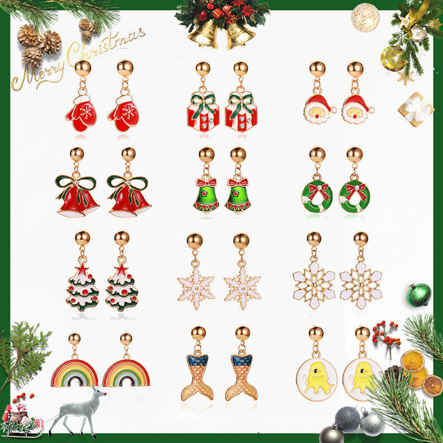 Christmas Tree Stud Earrings Zinc Alloy Plated Snowflake Pumpkin Rainbow Women Holiday Festive Earrings