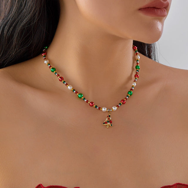 Casual Fashion Christmas Necklace for Women with Enamel Reindeer and Snowman Pendants on Beaded Chain
