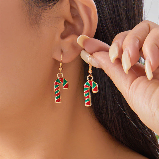 Candy Cane Shaped Christmas Earrings for Women with Zinc Alloy Base and Electroplated Finish, Festive Red and Green Colorful Holiday Party Ear Jewelry