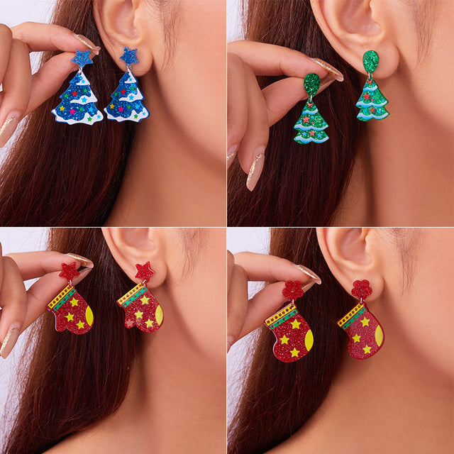 Christmas Tree Shaped Acrylic Earrings for Women with Printed Holiday Pattern