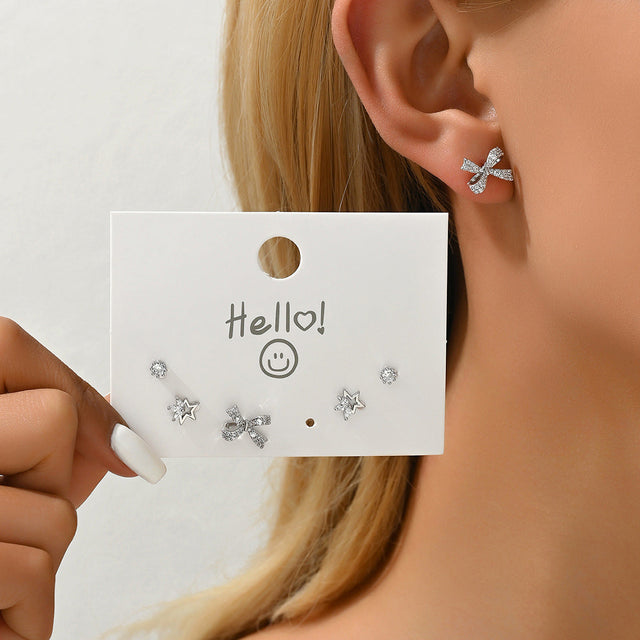 Academic Style Bow Knot and Star Shaped Copper Stud Earrings with Cubic Zirconia Inlay for Women