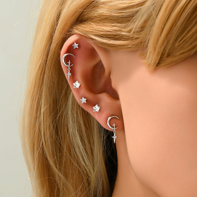 Bohemian Crescent Moon and Star Shaped Copper Earrings with Zircon Inlay for Women