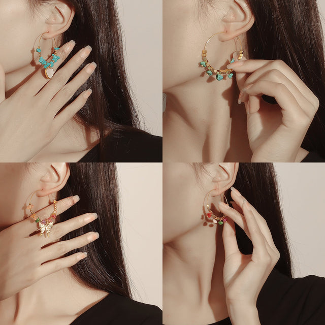 Bohemian Geometric Turquoise Hoop Earrings for Women with Plated Alloy Finish and Nature-Inspired Moon Motif