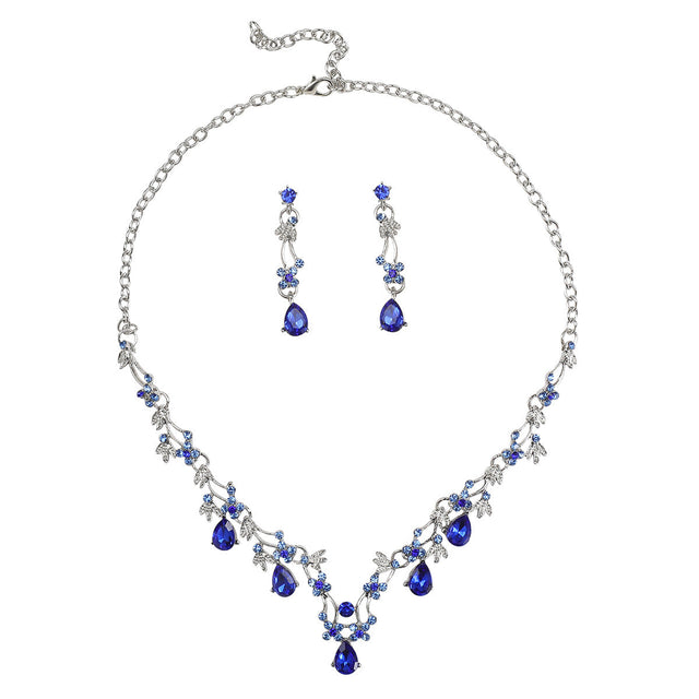 Charming Floral Wedding Necklace and Earrings Set for Women with Rhinestone Accents, Alloy Pendant and Chain, Plated Finish, O-Chain Style, Cherry Blossom Petal and Olive Branch Design