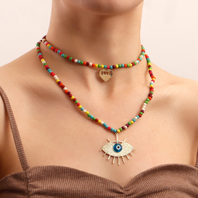 Geometric Demon Eye Turquoise Multilayer Pendant Necklace for Women with Plated Alloy Chain
