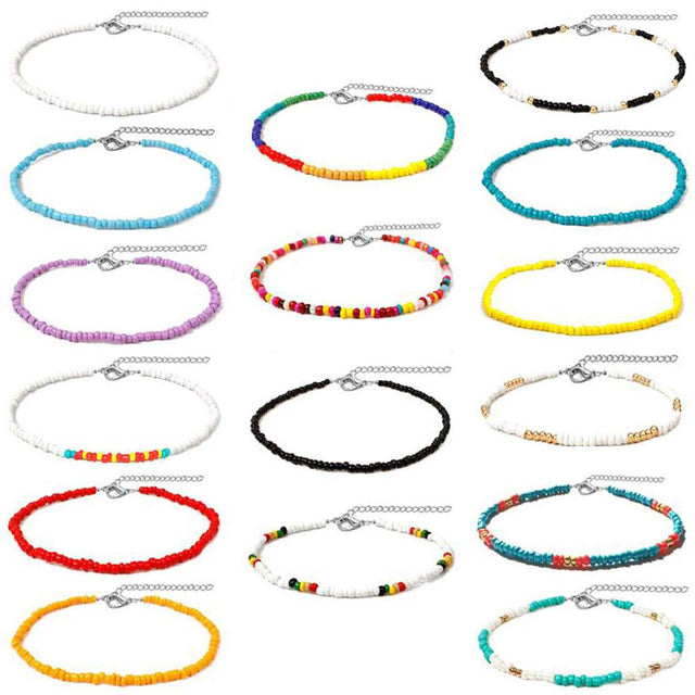 Bohemian Short Choker Necklace with Adjustable Fish Line Chain and Geometric Seed Beads