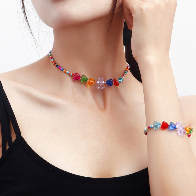 Bohemian Style Colorful Beaded Heart and Bear Pendant Necklace Set for Women with Alloy Material and Plated Finish
