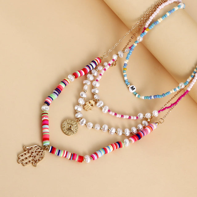 Bohemian Style Hand of Fatima Pendant Necklace for Women with Alloy Base Electroplated Finish and Colorful Polymer Clay Beads