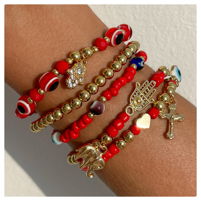 Bohemian Style Colorful Seed Bead Bracelet with Imitation Pearl Cross Pendant and Tassel Accents