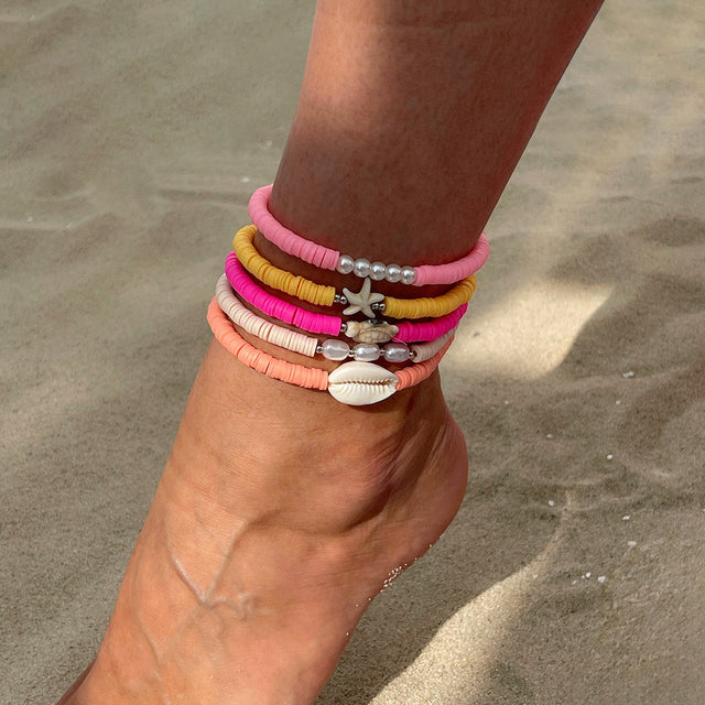 Bohemian Star-Shaped Seashell and Ceramic Anklet for Women with Pearl-Like and Acrylic Accents