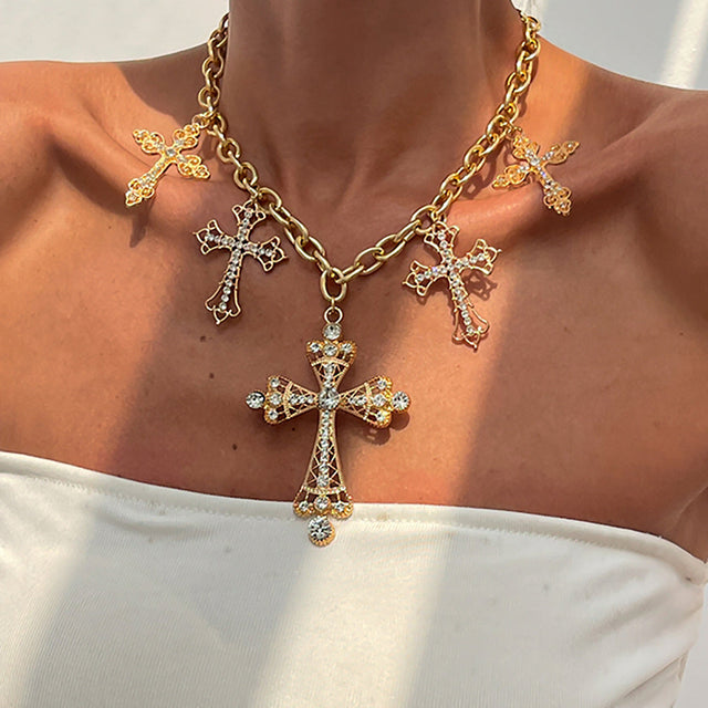 Bold Geometric Cross Pendant Necklace for Women Alloy Chain with Rhinestone Inlay and Plated Finish