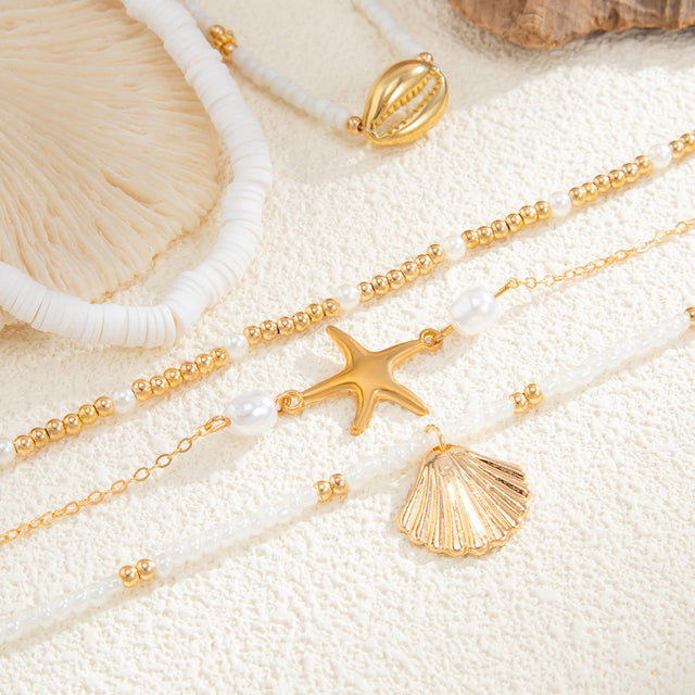 Bohemian Style Geometric Seashell Pendant Elastic Beaded Anklet with Pearl and Starfish Motifs