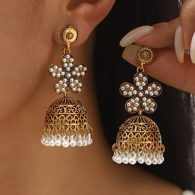 Bohemian Floral Alloy Dangle Earrings with Rhinestone and Simulated Pearl Accents, Electroplated Finish
