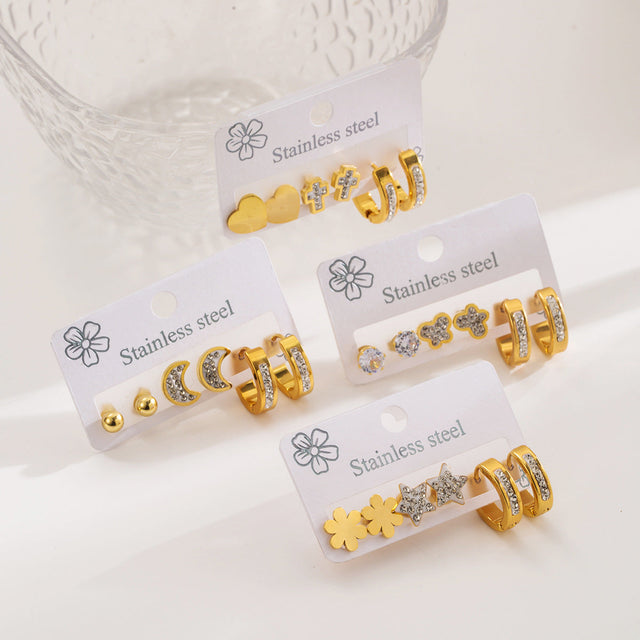 Elegant Star-Shaped Geometric Stainless Steel Earrings with Rhinestone Inlay and Gold Plating for Women