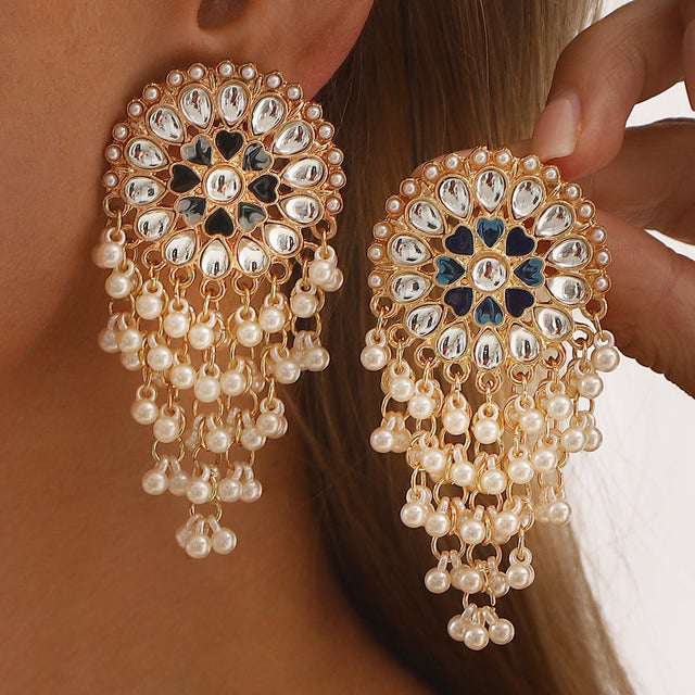 Ethnic Style Tassel Earrings with Alloy Base and Simulated Pearl Accents Vintage-Inspired Lightweight Luxury Ear Jewelry for Women