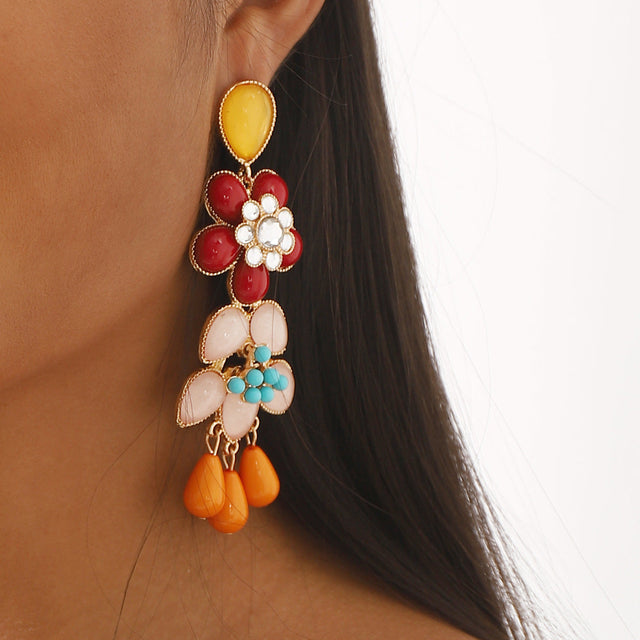 Bohemian Floral Resin Statement Drop Earrings with Rhinestone Accents and Stainless Steel Posts