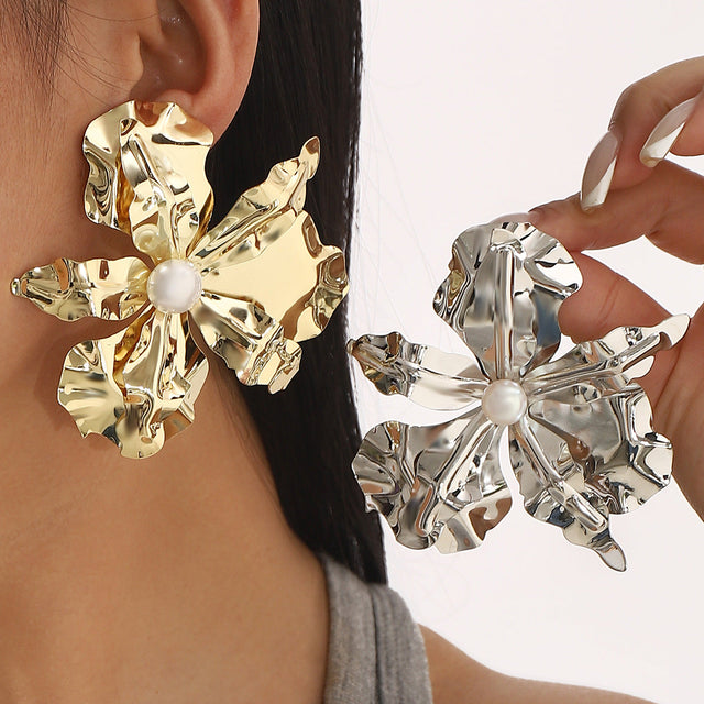 Exaggerated Floral Alloy Earrings for Women with Imitation Pearl Inlay and Plated Finish