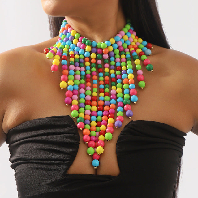 Bohemian Geometric Acrylic Beaded Pendant Necklace with Tassel Accents for Women