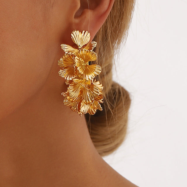 Elegant Floral Stacked 3D Geometric Hoop Earrings for Women with Electroplated Iron Finish