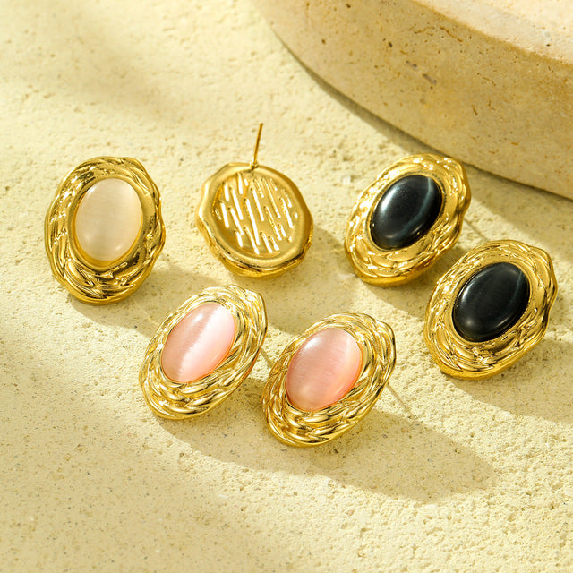Elegant French Luxury Style Titanium Steel Oval Textured Cat's Eye Natural Stone Stud Earrings for Women