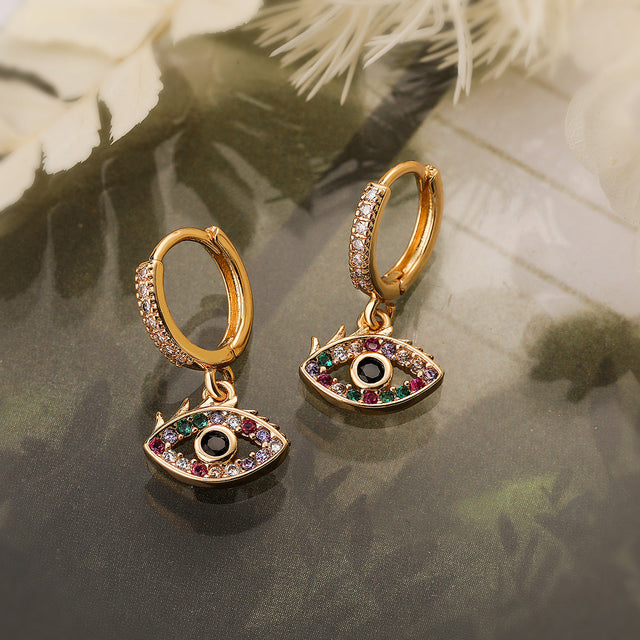 Minimalist Geometric Copper Gold-Plated Evil Eye Earrings for Women with Colorful Zircon Accents