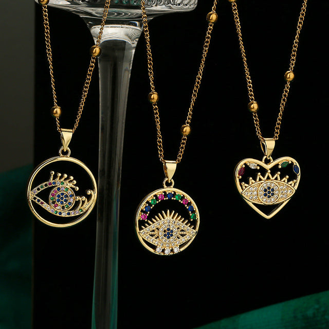 Geometric Evil Eye Pendant Necklace for Women in Copper with Real Gold Plating and Zircon Inlay