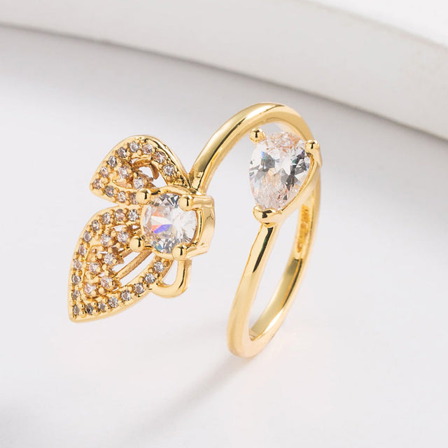 Elegant Butterfly-Shaped Geometric Open Ring for Women in Brass with Real Gold Plating, Micro-Pave Setting, Irregular Design