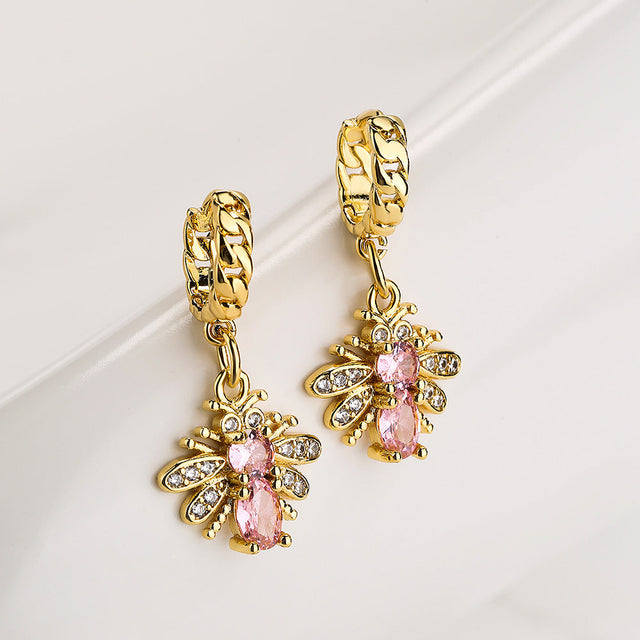 Bee-Shaped Geometric Pendant Earrings for Women with Copper Base Plated in Real Gold and Micro-Paved Zirconia