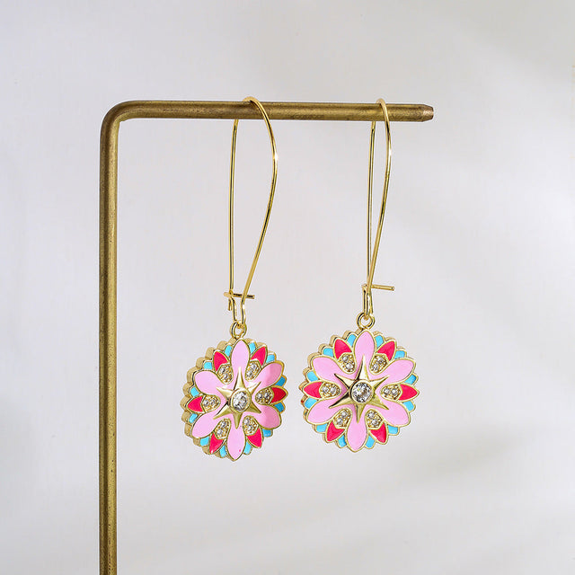 Bohemian Style Geometric Zirconia Enamel Pendant Earrings for Women Copper Base with Real Gold Plating