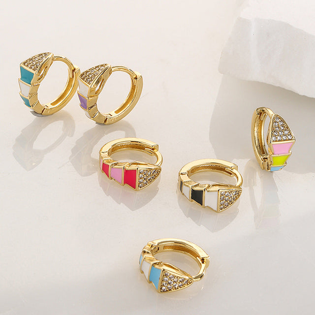 Bohemian Style Geometric Copper Earrings with 18K Gold Plating and Enamel Zirconia Accents