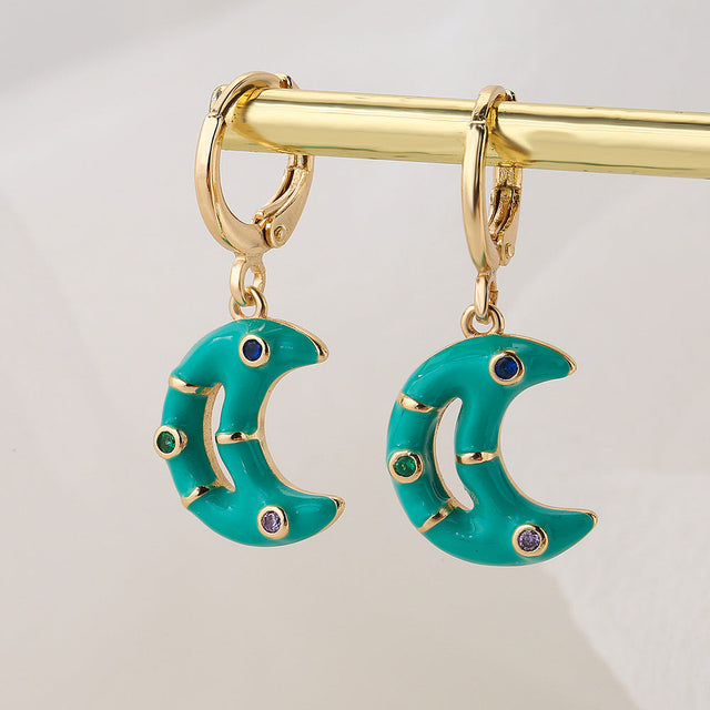Bohemian Moon-Shaped Copper Earrings with Gold Plating and Enamel Finish for Women