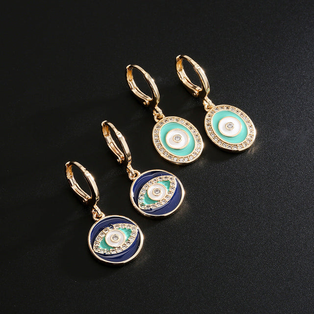 Geometric Eye-Shaped Copper Earrings with 18K Gold Plating and Colored Enamel Zirconia Accents