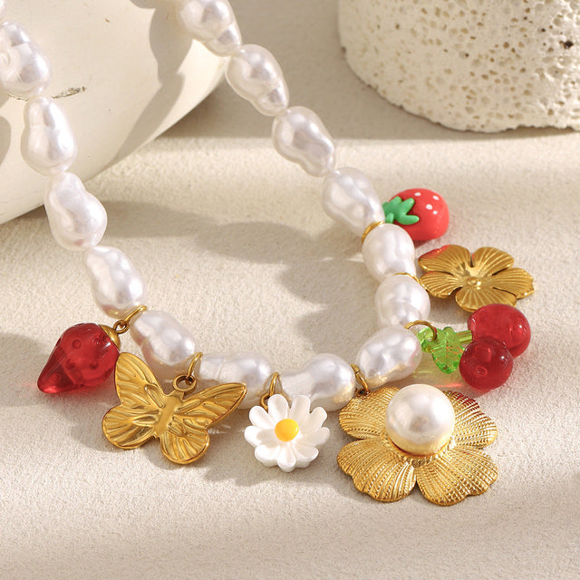 Baroque Floral Butterfly Pendant Necklace for Women in Stainless Steel with 18K Gold Plating and Simulated Pearl Accents