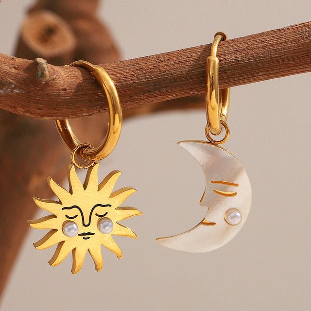 Bold Geometric Sun and Moon Pendant Earrings in Stainless Steel with 18K Gold Plating for Women