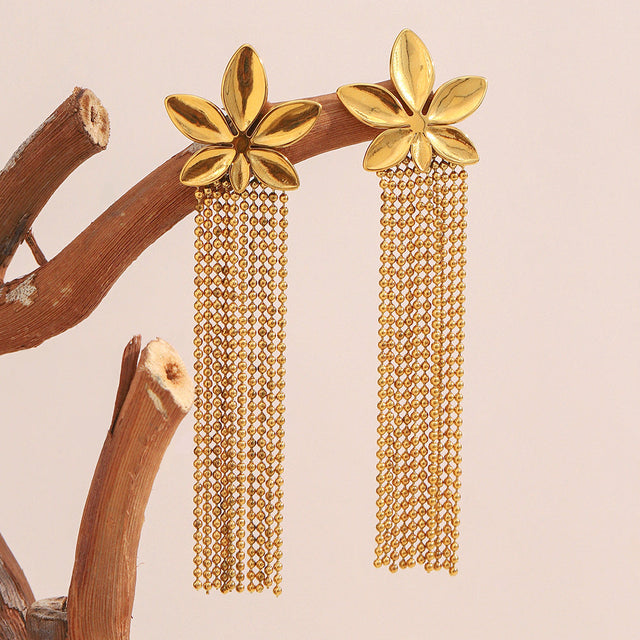 Bold Floral Earrings in Stainless Steel with 18K Gold Plating Featuring Pearl Drops and Tassel Accents for Women